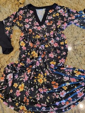 Celeste Black Floral Long-Sleeve V-Neck Dress with Pink & Yellow Blooms